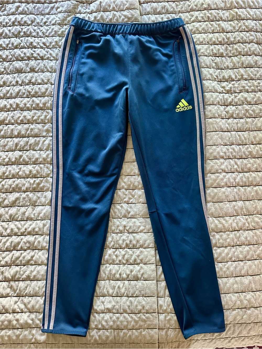 Adidas Men’s Blue Track Skinny Pants with Yellow Logo - Size Large